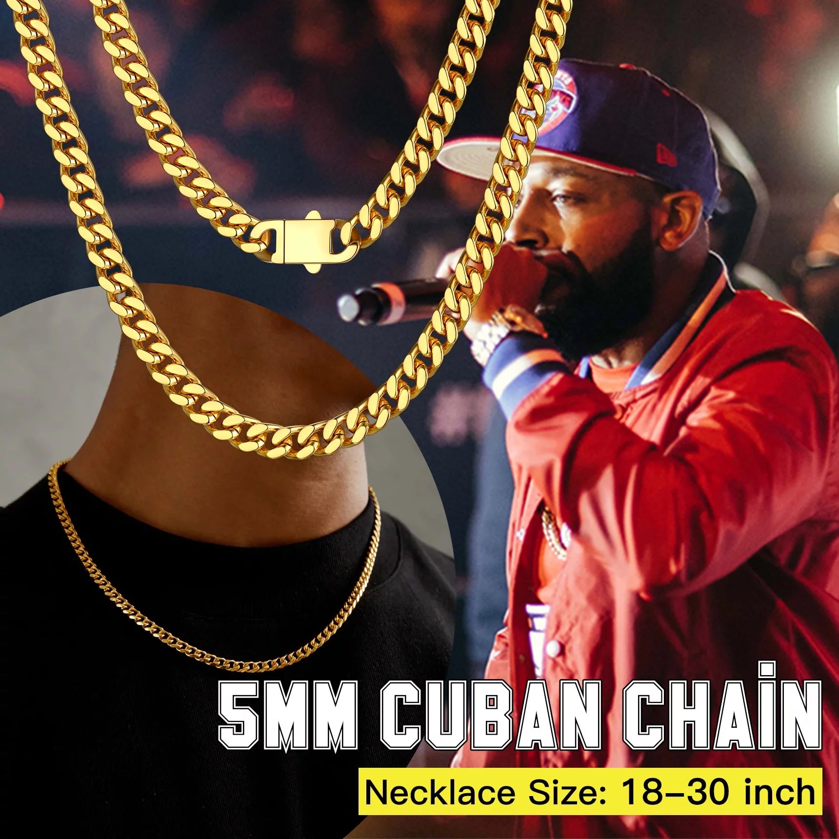 5Mm 18K Gold Filled Cuban Chain Necklaces, 30 Inch Heavy Chunky Stainless Steel Curb Necklace Hip Hop Punk Jewelry for Women