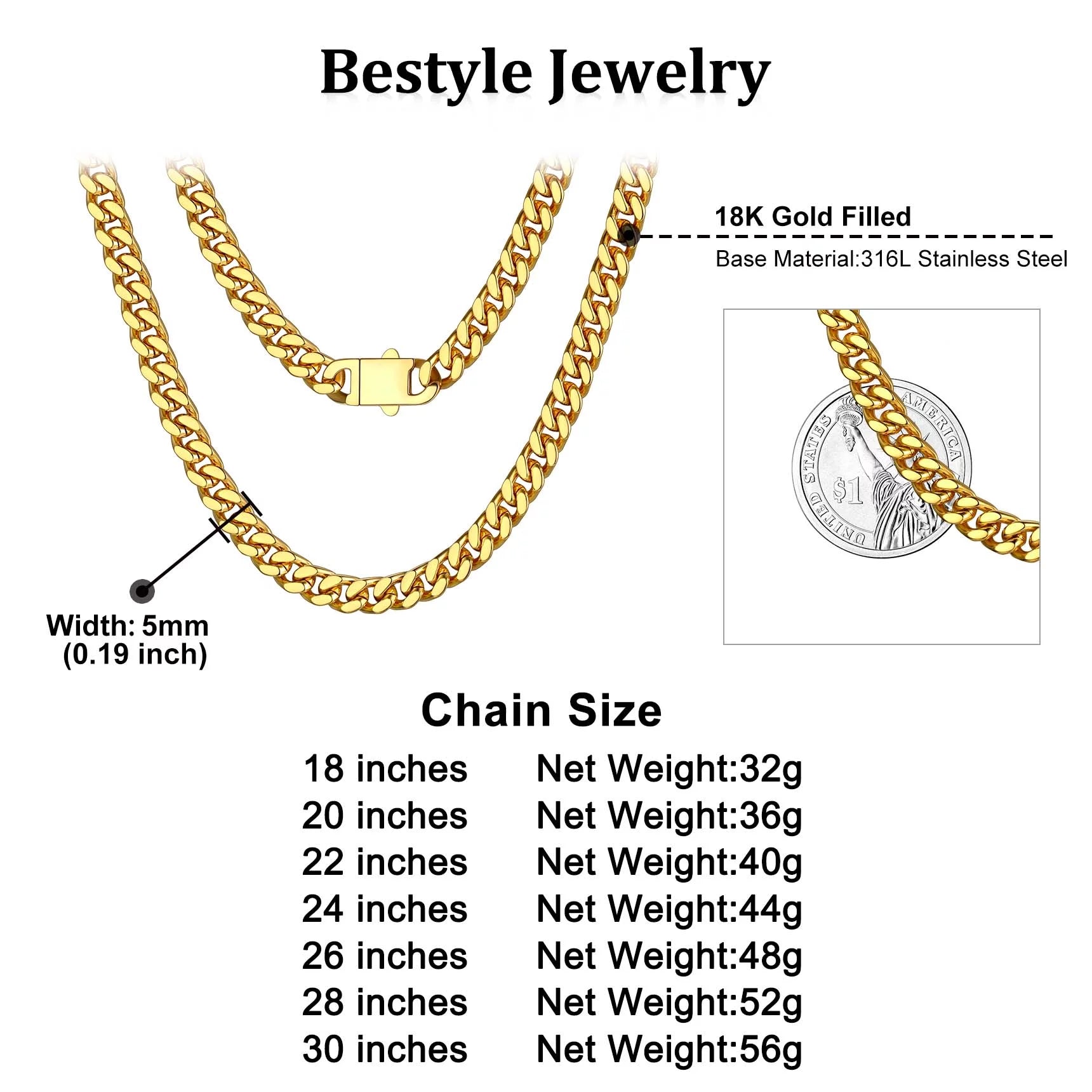 5Mm 18K Gold Filled Cuban Chain Necklaces, 30 Inch Heavy Chunky Stainless Steel Curb Necklace Hip Hop Punk Jewelry for Women