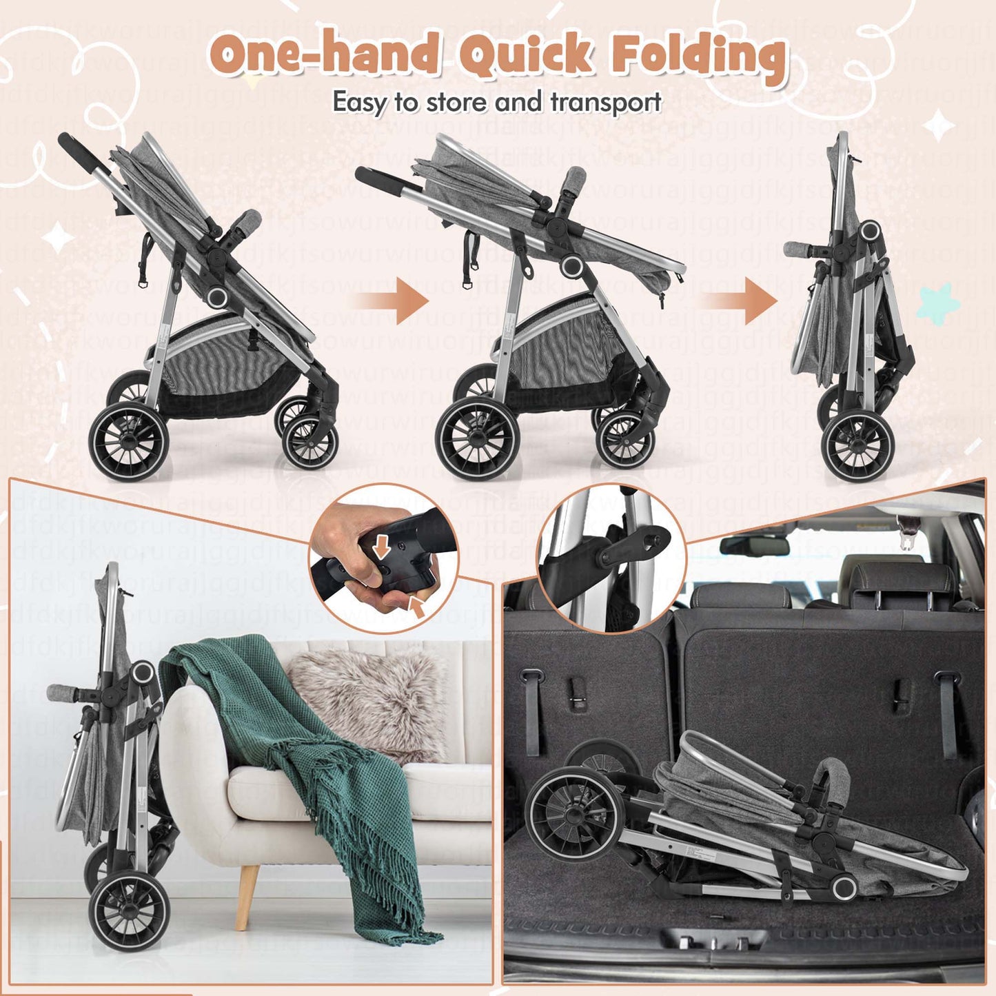 2 in 1 Convertible Baby Stroller High Landscape Infant Stroller Grey